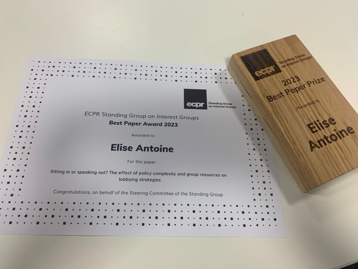 ECPR Standing Group on Interest Groups Best Paper Award certificate and prize
